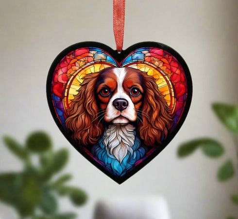Cavalier King Charles Spaniel Stained Glass Effect Heart Suncatcher
